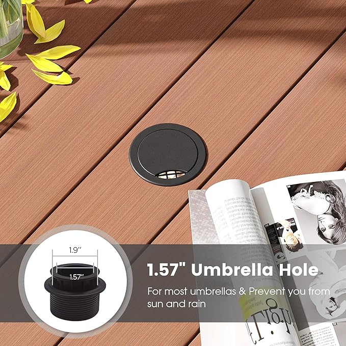 DIFY Outdoor Dining Table, Patio Square Metal Dining Table with 1.57" Umbrella Hole for 4 Person, Ideal for Poolside, Deck, Garden and Balcony, Walnut