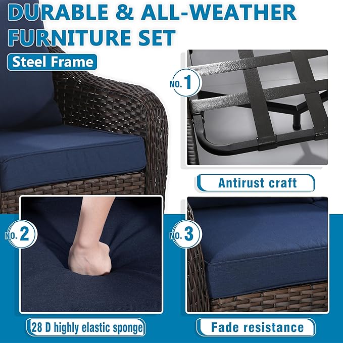 Vista Vibe Outdoor Patio 360 Degree Swivel Glider Rocker Chairs Set of 2, Washable Cushions, All-Weather & Steel Frame & Deep Seat Chairs, Balcony, Yard (Navy)