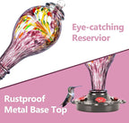 LUJII Hand Blown Glass Hummingbird Feeder for Outdoors Hanging with Ant Guard, 25 fl.oz, Leak Proof & Rustproof, Metal Base with 5 Feeding Ports & 5 Perches, Unique Garden & Backyard Decor (Purple)