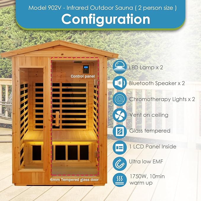 Saunas 902V Far Infrared Sauna, Outdoor Wooden Dry Sauna Low EMF (Hemlock Wood, 2-Person Size)