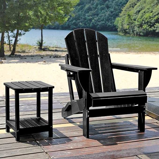 Folding Adirondack Chair, HDPE Outdoor Texture Lawn Chair with Reclining Back, Cup and Phone Holder - Comfortable Firepit Chair Weather Resistant for Patio or Backyard (Dark Black, Set of 4)