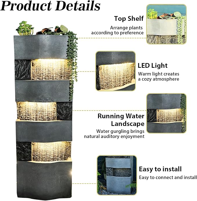 40.5''H Garden Water Fountain Outdoor,4 Tiers Floor Standing Waterfall Outdoor Fountains with LED Lights for Garden, Patio, Backyard, Deck, Porch and Home Art Decor