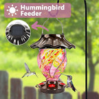 LUJII Solar Powered Color Changing Hummingbird Feeder for Outdoors Hanging, Hand Blown Glass, 35 fl.oz, Never Leak, Illuminated Lantern for Garden Decor, for Bird Lovers, Purple