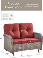 HUMMUH 2-Person Outdoor Glider Bench-All-Weather Wicker Patio Double Swing Rocking Chair Patio Loveseat for Deck Lawn Porch Balcony Poolside-Grey/Red