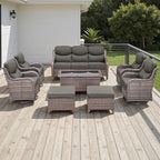 Rilyson Wicker Outdoor Patio Furniture Set - 8 Piece Patio Conversation Sets with Swivel Rocker Chairs, Ottomans, Sofa and Coffee Table, 6 inch Cushions, Deep Seating, for Porch Deck Brown/Grey
