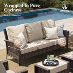 Luxury Patio Furniture Set with 5.5" Thick Cushion, Outdoor Wicker Conversation Set, 4 x High Back Swivel Patio Chairs with Tempered Glass Table, Waterproof 3-Seat Sofa for Deck Lawn Deck Yard, Beige