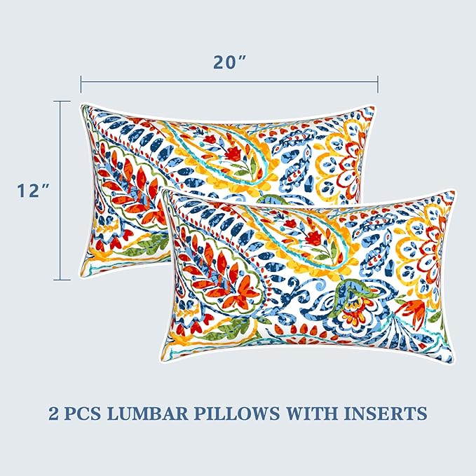 LVTXIII Set of 2 Outdoor Lumbar Pillows for Patio Furniture with White Piping, 12"x20" Fade Resistant Patio Lumbar Pillows with Inserts for Home Coach Sofa Use, Paisley Multi