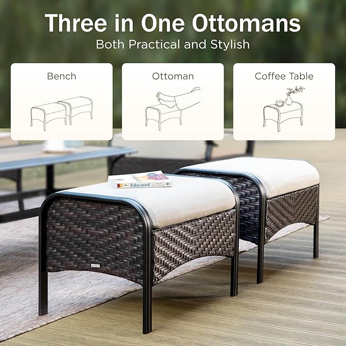 Patio Furniture Set with 56" Fire Pit Table, Premium Outdoor Wicker Metal Frame Furniture with Upgraded Waterproof Thick Cushions for Porch, Poolside, Deck, and Yard （8 Pieces,Beige）