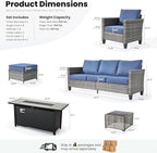ovios 9 Pieces Patio Furniture Set with 54" Fire Pit Table, Outdoor Sofa Couch with Solar Lights Table Comfy Cushions, Modern Deep Seat Wicker Rattan Conversation Set, Denim Blue