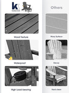 KINGYES Folding Adjustable Adirondack Chair with Retractable Ottoman, HDPE Weather Resistance Oversized Outdoor Chair with Cup Holder, Wood-Like Reclining Versatile Adirondack Chair, Grey