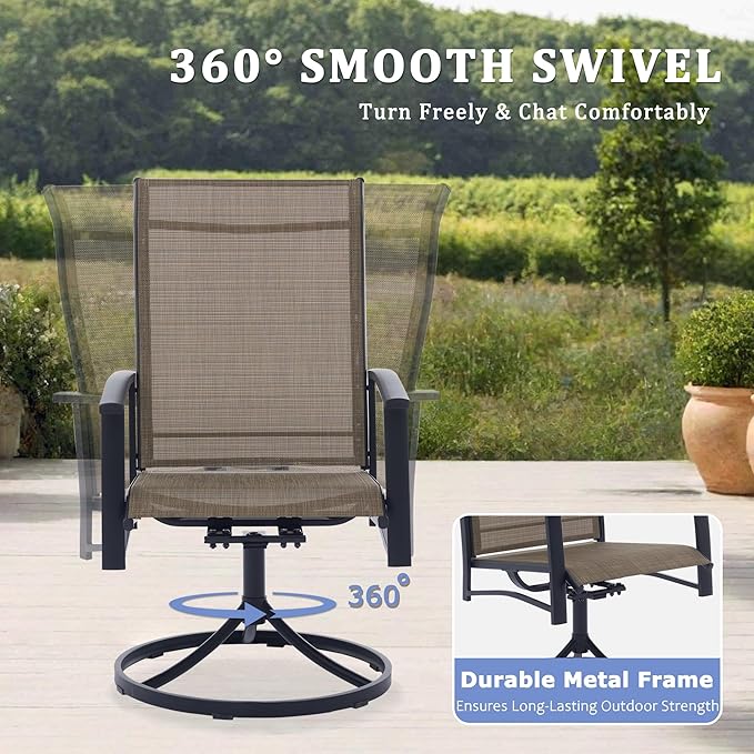 Outdoor Patio Swivel Dining Chairs Set of 6, All-Weather Swivel Rocker Chairs with Textilene High Back and Black Rust-Proof Metal Frame, Perfect for Patio, Lawn, Garden, or Backyard, Mocha