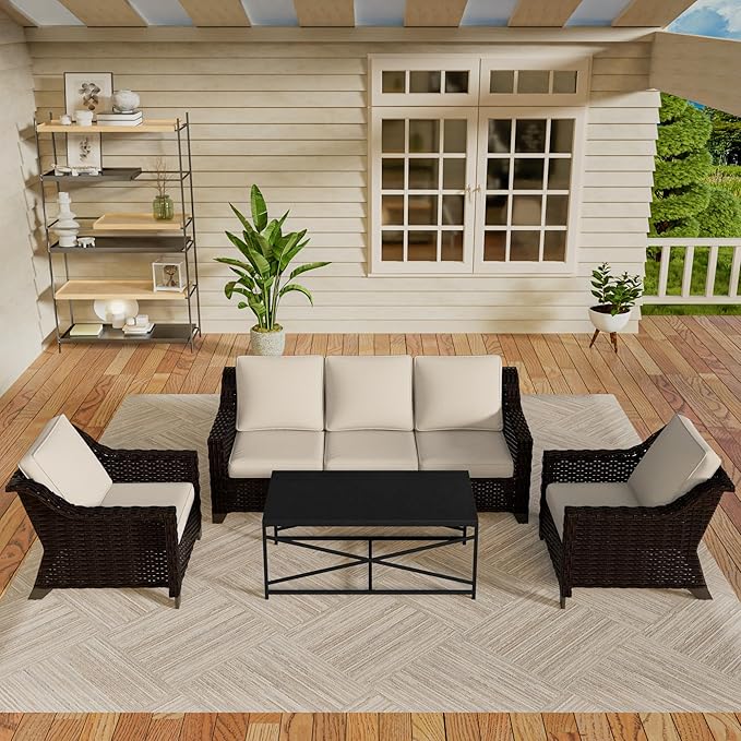 Vista Vibe 4 Pieces Outdoor Patio Conversation Furniture Set - 78" 3-seat Sofa | 2 Chairs | Metal Coffee Table, Deep Seat Loveseat, Removable Cushions, PE Rattan Couch, Lawn (Brown/Beige)