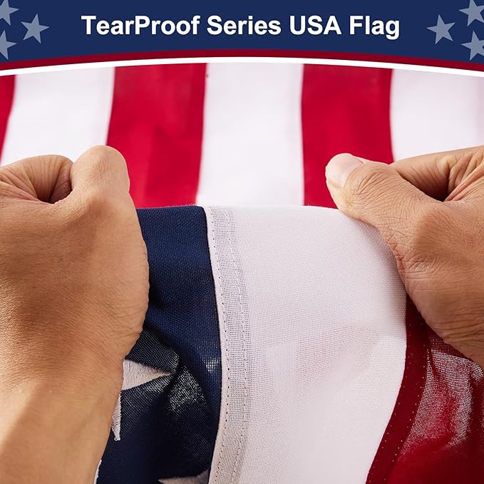 American Flag 8x12 ft Heavy Duty TearProof Series, All Weather High Wind US Flag, Premium Spun Polyester with Embroidered Stars, Sewn Stripes, Brass Grommets for Outdoor Use
