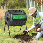 Compost Bin Outdoor, 43 Gallon Dual Chamber Tumbling Composting with Sliding Doors, Large Compost Tumbler, Compost Bin for Garden, Kitchen, and Yard Waste, Black+Green