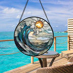 Stained Glass Window Hanging, Blue and White Waves Suncatcher Diamond Glass Panel Landscape Sun Catchers Decor for Birthday for Women, Men, Wife, Aunt, and Mom 14.9x14.9 in