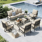 MFSTUDIO 7 Pieces Metal Patio Furniture Sets, 2 Swivel Chairs, 3-Seat Deep Seating Sofa, 2 Single Couch and 2 Ottoman, All Weather 9 Seats Outdoor Conversation Set for Garden Backyard，Beige Cushion