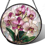 Stained Glass Window Hanging - Pink Purple Phalaenopsis Flowers Sun Catcher for Door Home Decor Plant Suncatcher Christmas Mother's Day Birthday Gifts for Women Men Mom Nana 6.3 in