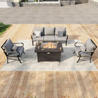 4 Pieces Patio Conversation Sets, All Weather Metal Outdoor Furniture Set, 3-Seater, 2 Single Chairs, 1 Fire Pit Table for Backyard Garden Deck Porch Poolside, Gray