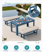 SERWALL Patio Dining Set for 4, Outdoor Dining Sets for 4 Person with 1 Umbrella Hole Cut-Out Rectangular Table and and 2 Benches, HDPE Dining Sets for Garden, Backyard, Poolside, Blue