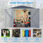 8x6 ft Outdoor Waterproof Metal Storage Shed with Foundation Floor Frame, Lockable Hinged Doors & Air Vents, All Weather Garden Tool Shed for Backyard Lawn, Galvanized Steel - Grey