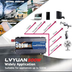 LVYUAN 500 Watt Pure Sine Wave Power Inverter 24V to 110V/120V DC to AC Converter with Dual Sockets, Dual USB Ports, LED Display for Home Outdoor RV Car Power Inverter Power Adapter