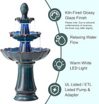 Glitzhome Outdoor Fountain and Waterfalls 3 Tier Patio Fountains, 45" H Turquoise Ceramic Water Fountain with LED Light, Pump & Adapter Garden Outdoor Floor Stand Fountains for Backyard Deck Lawn