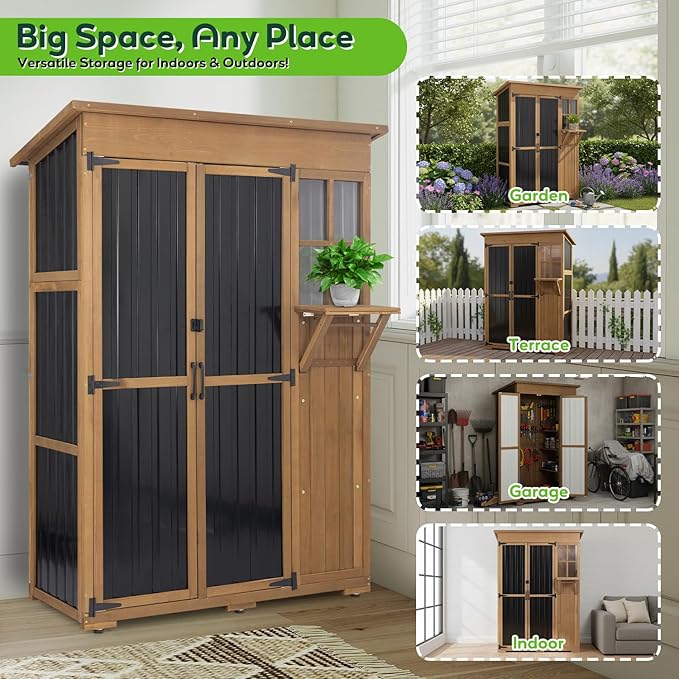 51" L Outdoor Storage Cabinet Waterproof with Shelves, Outside Storage Shed Backyard Tall Cabinet with Fold-Out Table for Patio, Garage, Garden, Pool Accessories Storage