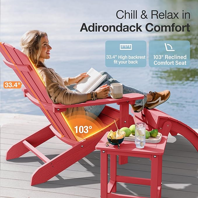 YEFU Adirondack Chairs Set of 8: Plastic Adirondack Chairs - Patio Chairs with Wood Texture - Outdoor Chair HIPS - Lawn Fire Pit Deck Porch Garden Chairs for Adults (Red)