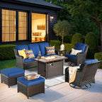 HOOOWOOO Patio Furniture Set,7 Piece Outdoor Furniture Set with Fire Pit Table,Wicker Patio Conversation Couch Swivel Chairs Ottoman Set,Navy Blue