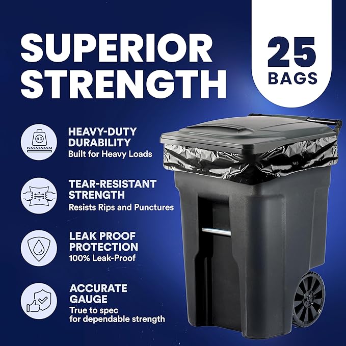 Plasticplace 64-65 Gallon Trash Can Liners for Toter │ 3.0 Mil │ Black Heavy Duty Garbage Bags │ 50” x 60” (25 Count),W65LDBTL3