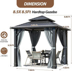 8.5' x 8.5' Hardtop Gazebo, Galvanized Steel Double Roof Gazebo with Nettings and Curtain Outdoor Aluminum Frame Vertical Stripes Roof Gazebos for Patio, Backyard, Lawn