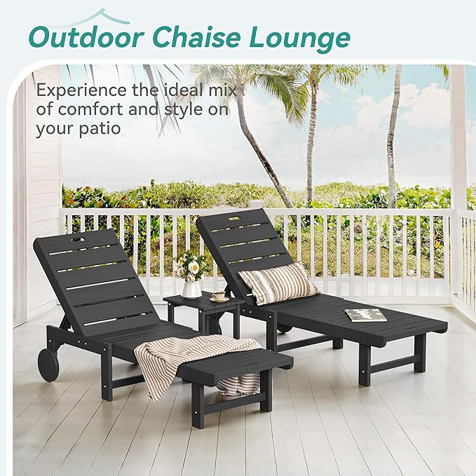 Outdoor Chaise Lounge Chairs Set of 2, 2-Piece, 26.8” Super Wide Lounge Chair Outdoor, HDPS Pool Chairs with 5 Positions, Patio Lounge Chair with Wheels for Pool,Lawn,Backyard, Black