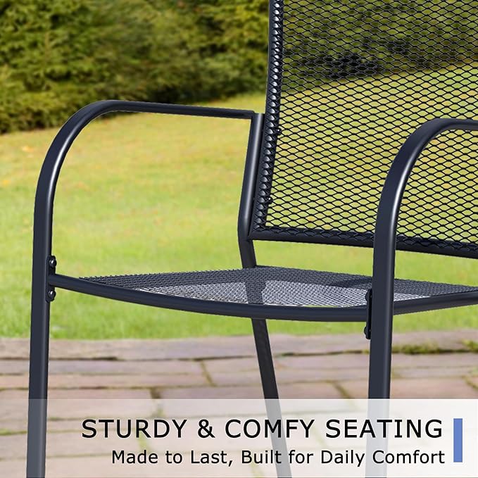 Outdoor Metal Patio Chairs Set of 2, Stackable Iron Mesh Dining Chairs with Armrests, All-Weather Bistro Chairs for Garden, Backyard, Porch, or Balcony