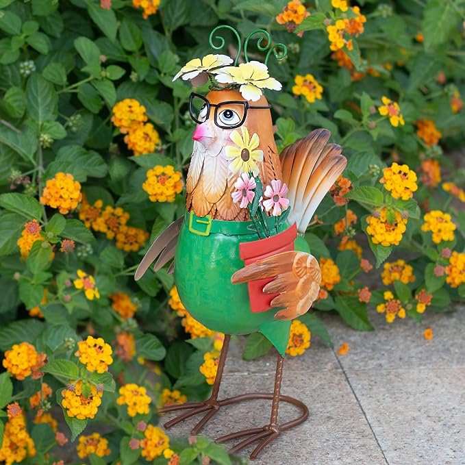Natelf Metal Chicken Statue for Outdoor Home Decor Cute Rooster Hen Garden Sculpture with Vintage Glasses, Weather-Resistant Farmhouse Art for Yard, Patio, Coop, or Housewarming Gift for Mom, Friends