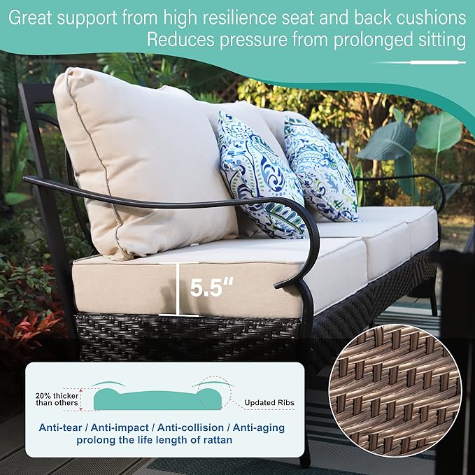 MFSTUDIO Outdoor Patio Furniture Set, 5 PCS Metal Patio Conversation Sets for 7, Modern Patio Sectional Set with High Back 3-Seat Sofa, Loveseat, 2 Swivel Sofa Chairs, 1 Coffee Table