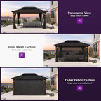 PURPLE LEAF 10' X 14' Hardtop Gazebo Outdoor Wood Grain Aluminum Frame Galvanized Steel Double Roof Gazebos with String Lights for Patio Deck Backyard Garden