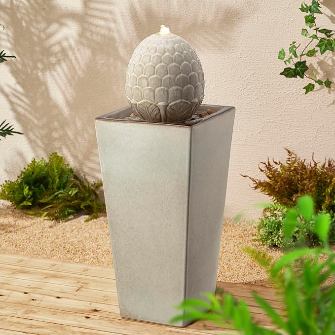 Glitzhome Ceramic Outdoor Water Fountain with LED Light, Oversized Artichoke Pedestal Water Fountains with Submersible Pump, Patio Fountain Waterfall for Garden Patio Deck Porch, Sand Beige, 35.75" H