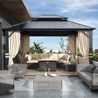 12' x 14' Hardtop Gazebo,Outdoor Galvanized Steel Metal Double Roof Gazebo with Curtains and Netting for Patios, Gardens, Lawns,Khaki
