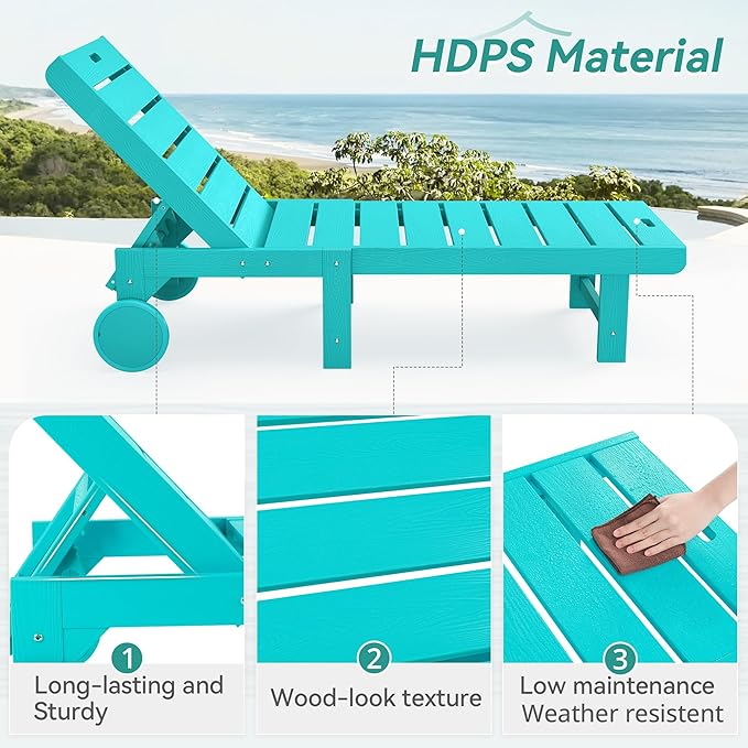 Outdoor Chaise Lounge Chairs Set of 2, 2-Piece, 26.8” Super Wide Lounge Chair Outdoor, HDPS Pool Chairs with 5 Positions, Patio Lounge Chair with Wheels for Pool,Lawn,Backyard, Aruba Blue