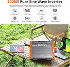 2000W Pure Sine Wave Inverter,12V DC to 110V AC Power Inverter for Vehicles RV,Truck,Car,Solar Off-Grid Converter with 2 AC Outlet,27W Type-C,5V 3A USB-A,Hardwire Port，16ft Remote Controller