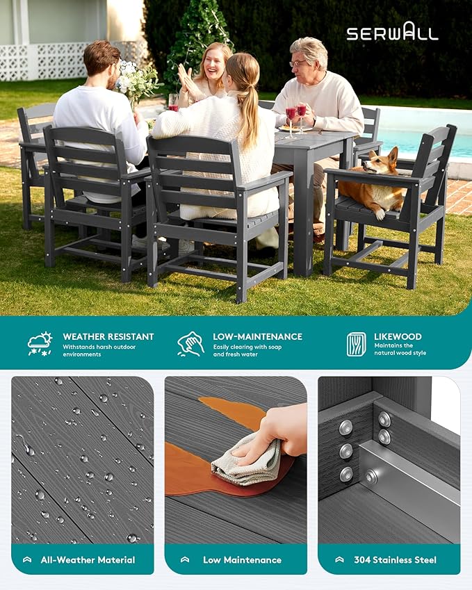 SERWALL Patio Dining Set for 4, Outdoor Dining Sets for 4 Person with 1 Umbrella Hole Cut-Out Rectangular Table and 4 Chairs, HDPE Dining Sets for Garden, Backyard, Poolside, Gray