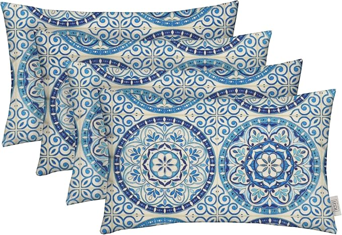 RSH Décor Lumbar Throw Pillows – Set of 4 | 20” x 12” Outdoor Pillows | All-Weather Spun Polyester Fabric | Water & Fade Resistant | Blue Wheel Indigo Patio Pillows