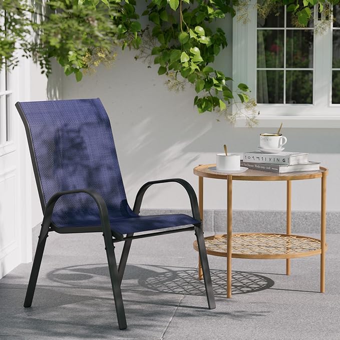 Patio Dining Chairs Set of 2, Stackable Dining Chairs High Back, Breathable Seat Fabric and Alloy Steel Frame Fit Backyard, Porch, Lawn，Poolside (Blue)