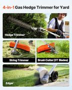 Gas Hedge Trimmer VEVOR, 26cc 2-Cycle Handheld 4-in-1 Trimmer Kit with Hedge Trimmer, Weed Eater/String Trimmer, Edger & Brush Cutter, Includes Protective Gear for Shrubs & Bushes