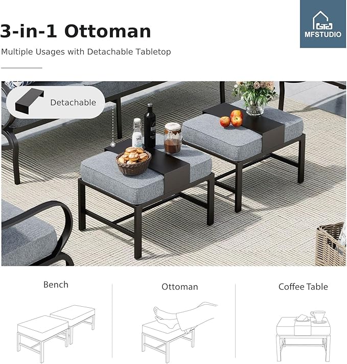 MFSTUDIO 6 Pieces Patio Furniture Sets with 45" Gas Fire Pit Table(Up to 7 Seat), Outdoor Metal Frame Patio Conversation Sofas with 1 x 3-Seat Sofa, 2 Sofa Chairs and 2 Ottoman, Grey Cushion