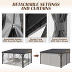 12' x 14' Hardtop Wall Mounted Gazebo, Lean to Gazebo with Galvanized Steel Roof Aluminum Frame Wall Gazebos Pergola with Netting&Curtains for Outdoor, Backyard, Patio