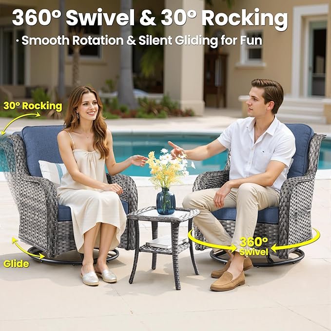 ovios 6 Pieces Patio Furniture Set, Outdoor Wicker Sofa Couch with Swivel Chairs Ottomans Comfy Cushions, High Back All Weather Modern Conversation Sets, Grey Rattan, Denim Blue