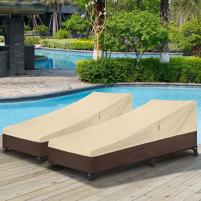 Arcedo Waterproof Outside Lounge Chair Covers 2 Pack, Heavy Duty Patio Chaise Lounge Covers for Outdoor Furniture, Protect Your Pool Chairs in Winter, 80" L x 32" W x 25" H, Beige and Brown