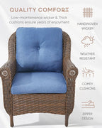 Outdoor Patio Chairs with Fire Pit Table 5 Piece Set - High Back Brown Wicker Rattan Lawn Chair with Thick Cushion for Porch Apartment Deck Yard Poolside Garden - Navy Blue