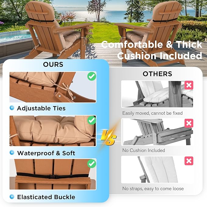 nalone Folding Adirondack Chair with Cushion with Cup Holder, HDPE Plastic Oversized Patio Chair Weather Resistant, Used in Outdoor, Fire Pit, Deck, Garden, Campfire Chairs (Teak)